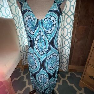 London Times Sleeveless Black Blue Green Medallion Print Dress